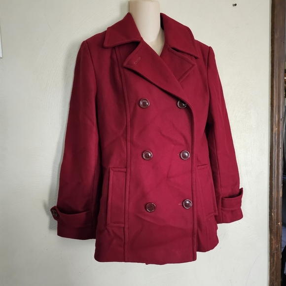 Collection by Gallery Red Wine Wool Double Breasted Pea Coat Size Women Medium - Picture 3 of 13